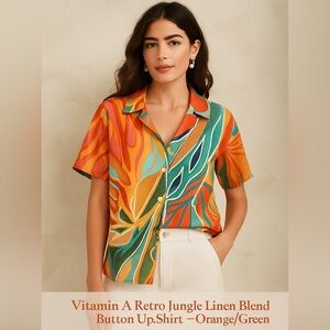 Vitamin A Linen Blend Tropical Button Up Shirt Orange Green Size Small